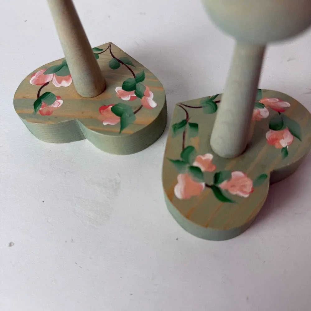 Vintage Hand Painted Wood Heart Taper Candle Holders Light Green Floral Set of 2